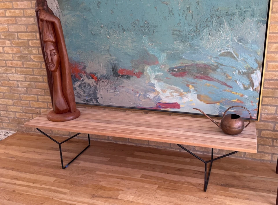 1960 Knoll Bertoia Oak Wood Iron Steel Slat Bench Coffee Table Vtg Mcm - Image 3 of 4