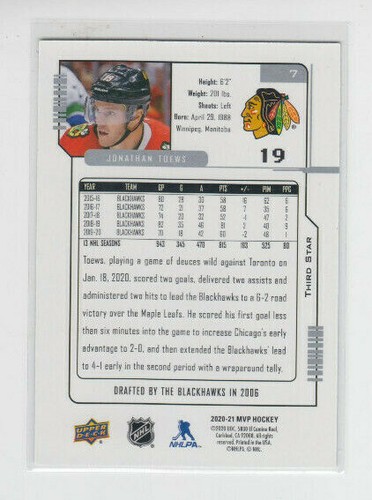 20/21 UD MVP Chicago Blackhawks Jonathan Toews 20th Anniversary Tribute card #7 - Picture 2 of 2