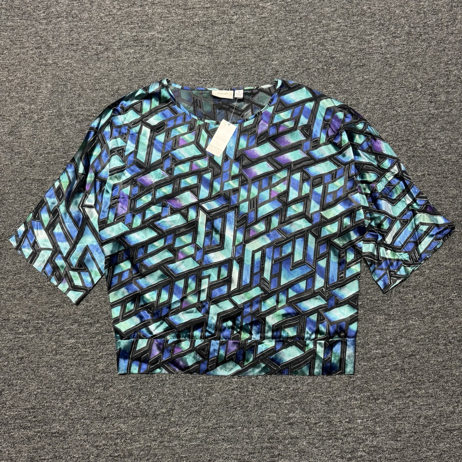 Women’s NWT Chicos Geometric Multicolor Vibrant Silk Party Blouse Top Sz 2