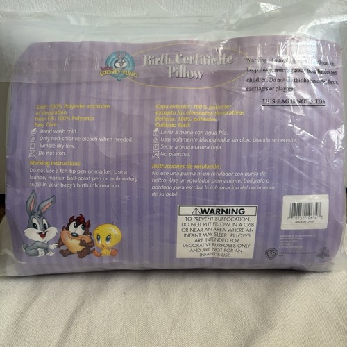 Cuscino Vintage Baby Looney Tunes Certificato Nascita Poliestere Blu/Bianco anni 90 - Foto 2 di 2