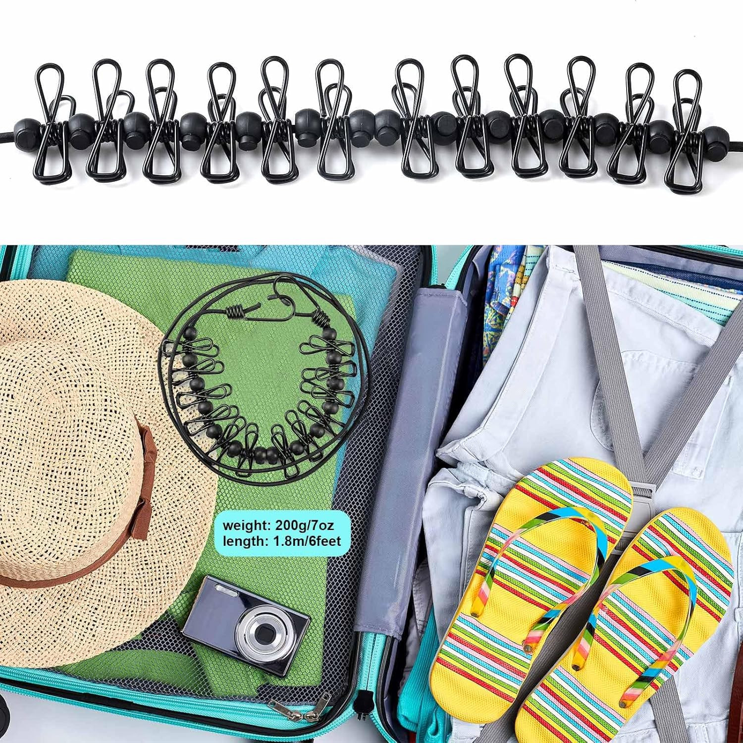 Travel Clothesline, Portable Retractable Clothesline with 12Pcs Clothespins for 