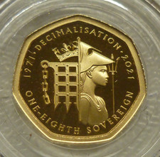 22ct Gold Proof 1/8th Sovereign Alderney 2021 Decimalisation : 50p shaped coin