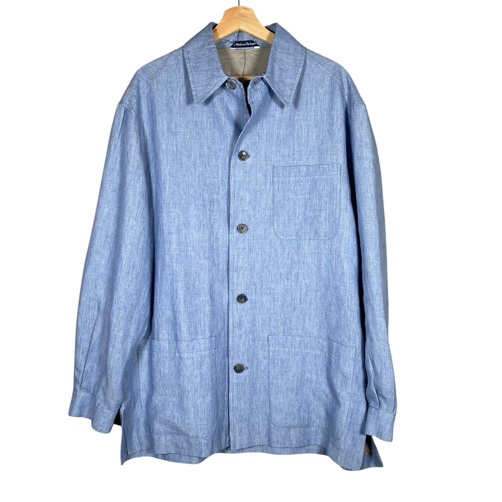 Paul Frederick Mens Blue Linen Overshirt Jacket Casual Button Up Chore Coat Size M