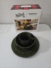 NEW 4pc Enamel Dinnerware Set Dark Green/Black  Woolrich 2 SETS 