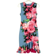 Vince Camuto Dress Womens 2 Pink Blue Floral Knit Ruffle Flounce Hem Knee Length