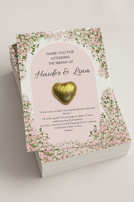 100 personalisierte pastellrosa Blumen Schokolade Herz Gastgeschenk Dua Karte Walima