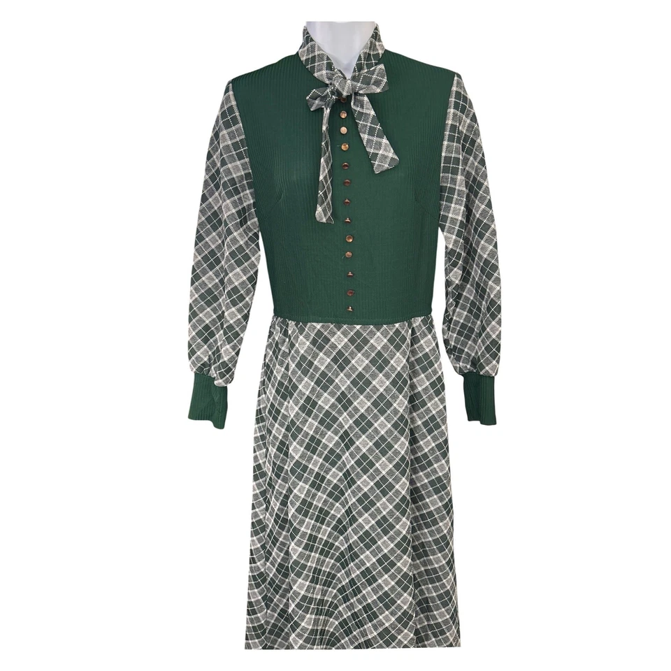 70s Green Plaid Prairie Maxi Dress Bow Neck Talon Zip Cottagecore Christmas - Image 2 of 4