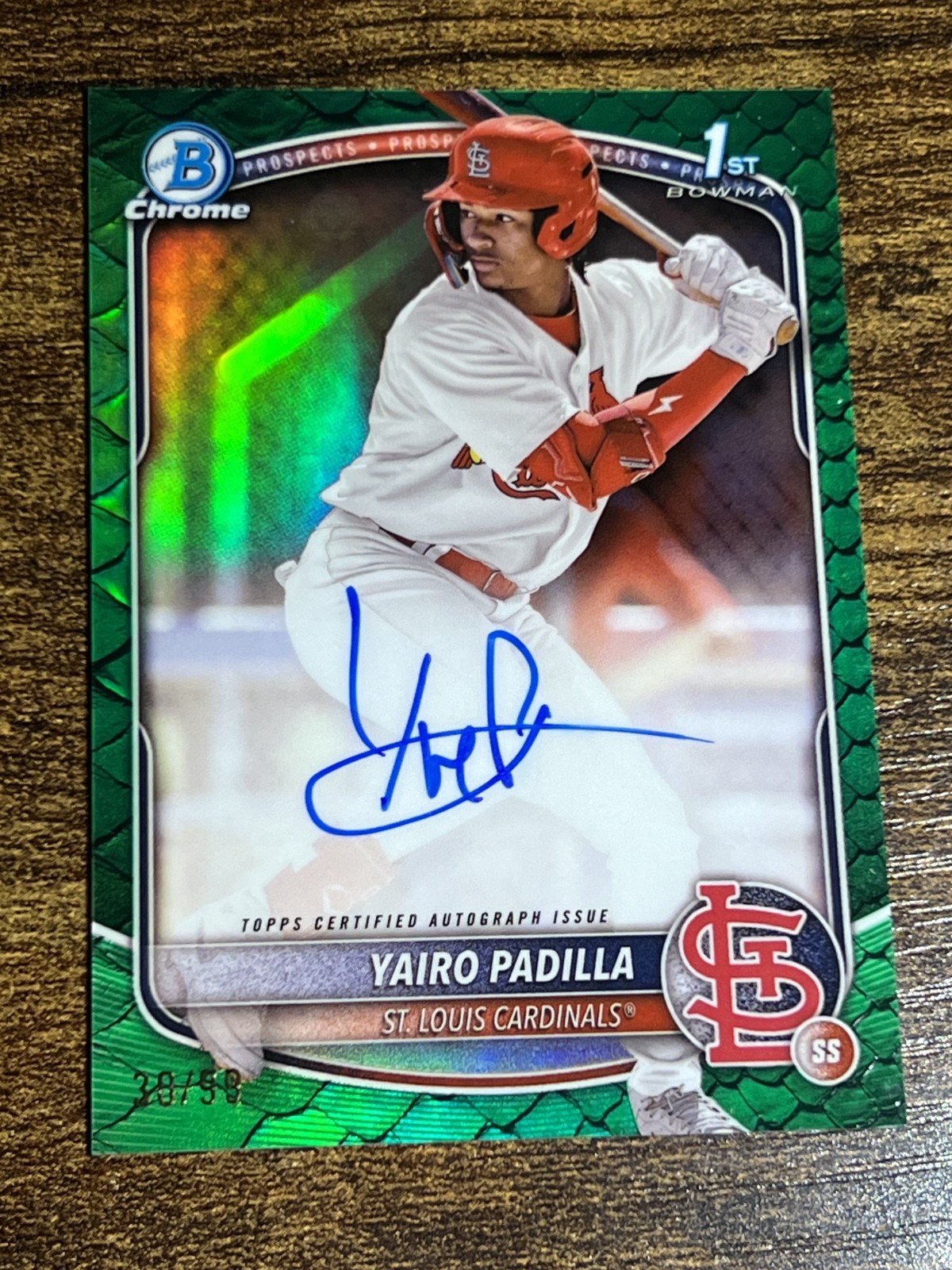 YAIRO PADILLA 2025 Bowman Chrome #CPA-YP Cardinals 1st Green Reptilian Auto /99