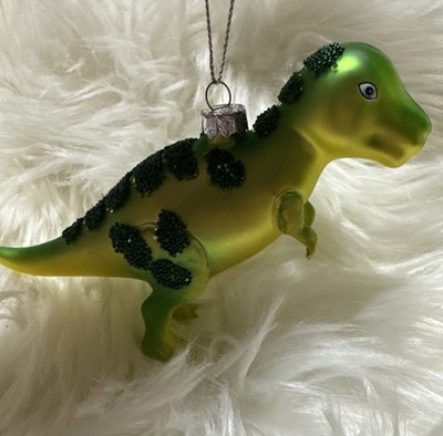 BLOWN GLASS DINOSAUR CHRISTMAS ORNAMENT W BEADED SPOTS MARKED   UT  Unique Tread