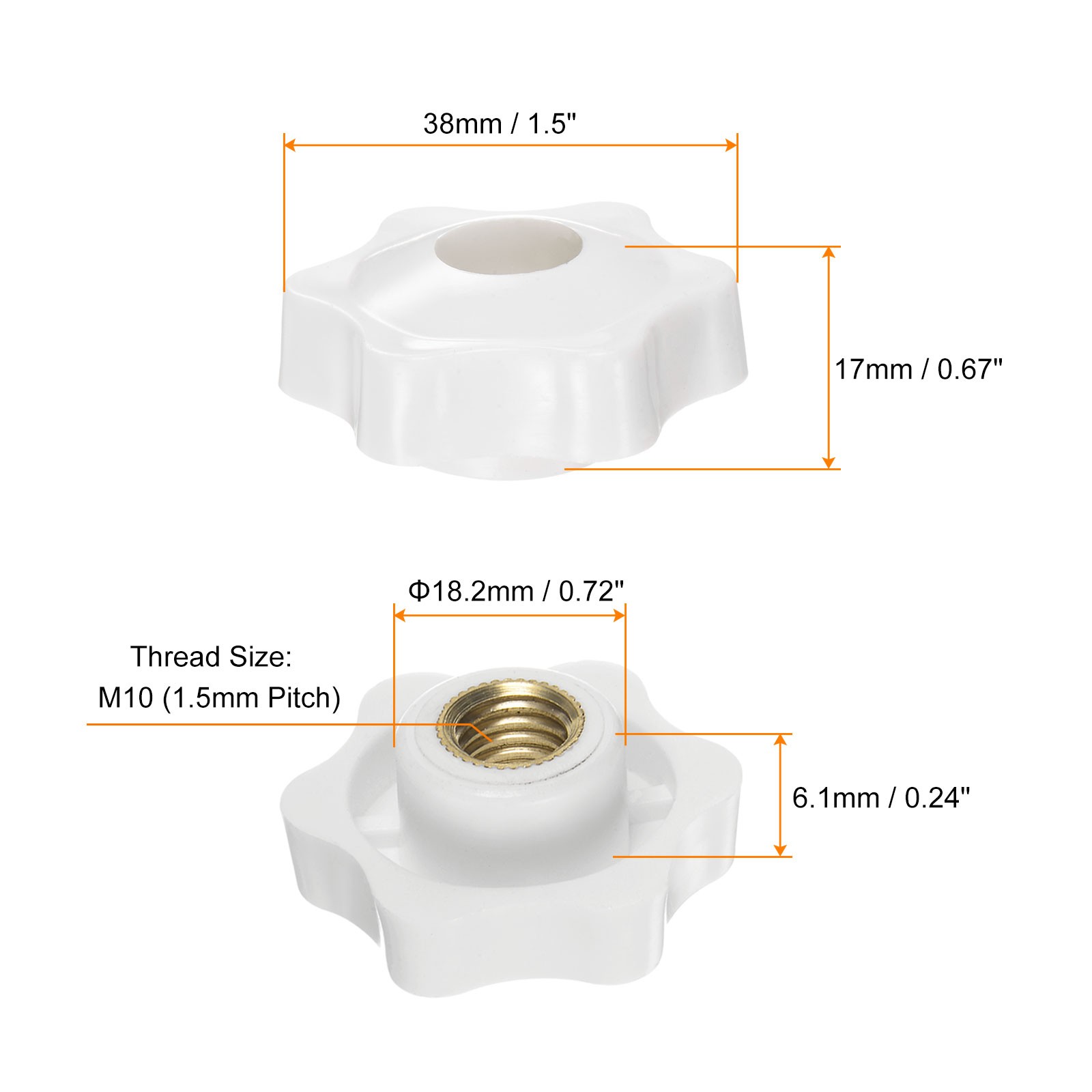 10pcs Star Knobs M10 Thread 38mm Head Through Hole Clamping Handles White