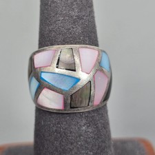 Vintage Sterling Silver Mosaic Ring W/ Mother of Pearl  Shell Inlay Size 6.75