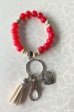 Handcrafted Beaded Stretchable Red Wristlet Keychain With Heart Charm