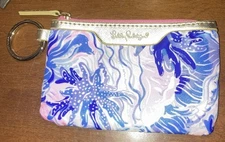 Lilly Pulitzer Wallet Zip ID Pink Blue Gold Tone Keychain Card Holder