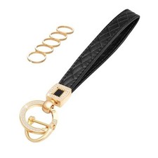 Leather Wristlet Keychain,Wrist Keychain Car Key Chain with 5 Key Ring Black