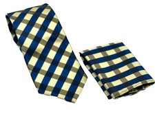 Men's Blue Green Plaids and Checks Necktie Hankie Cufflinks Set Gift