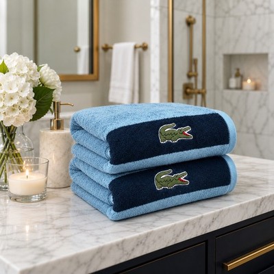 Lacoste Bath Towel Set 2 Blue Crocodile Logo 100% Cotton 30x52 Luxury