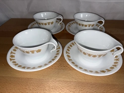 Vintage Set  of 4 CORELLE BUTTERFLY GOLD Hook Handle Coffee Tea Cups /Saucers