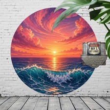 Ocean Sunset Waves Round Tin Sign 8x8 Coastal Beach House Wall Decor