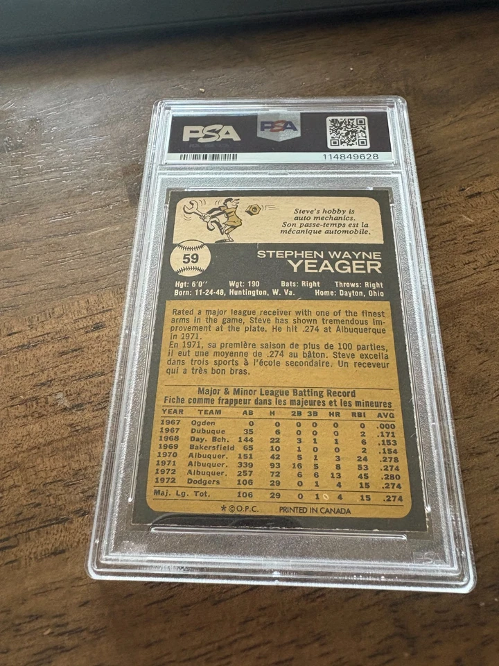 1973 OPC O-Pee-Chee PSA 9 MINT Rookie Steve Yeager LA Dodgers # 59 Lo Pop - Image 2 of 2