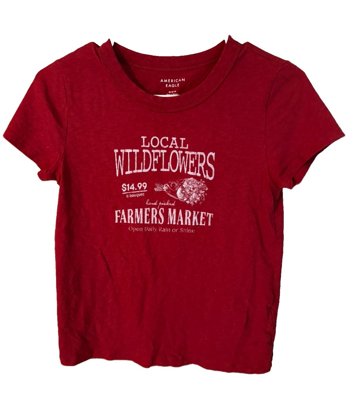 American Eagle Women's Red Wildflowers Graphic Crew Neck Cap Sleeve Tee, M