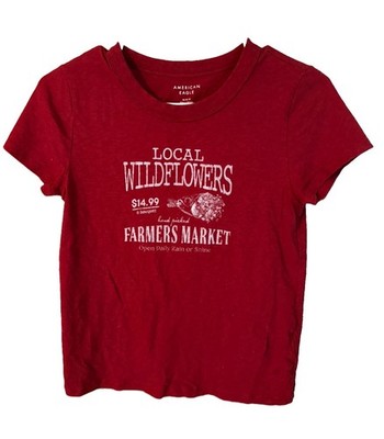 American Eagle Women's Red Wildflowers Graphic Crew Neck Cap Sleeve Tee, M