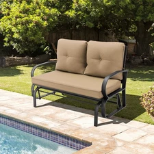 Patiojoy 2-Person Outdoor Glider Bench Porch Rocking Loveseat w/ Cushions Beige