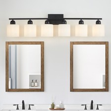 6 Lights 39 Inch Bathroom Mirror Milk Glass Shade Vanity Light Black Wall Sconce