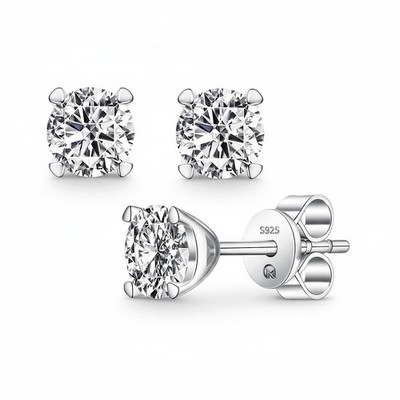 Moissanite Earrings, Rhodium Plated 925 Sterling Silver, Round Cut Lab Create...