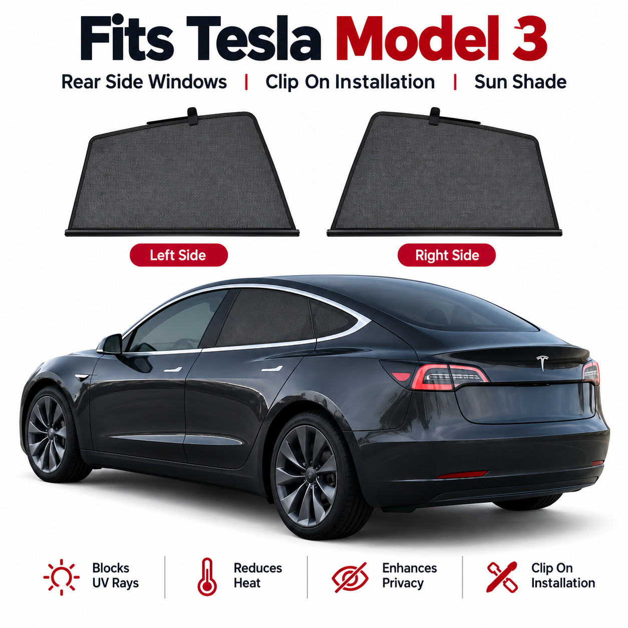 Magnetic Car Sunshade Sun Blind Mesh Rear Side Windows for Tesla Model 3 2019-23