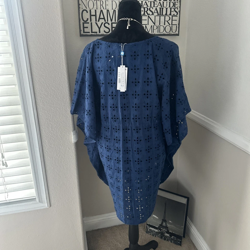 Túnica nova com etiquetas Bleu Rod Beattie 100% algodão ilhós natação azul caftan MED $97 - Imagem 3 de 4