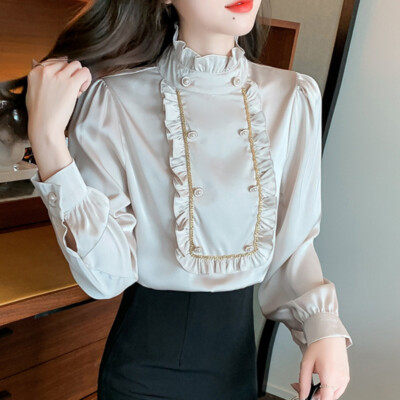 Lady Faux Silk Satin Blouse Shirt Ruffle Stand Collar Formal