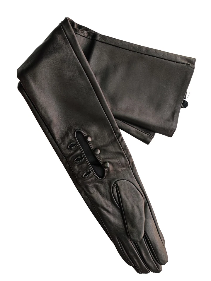 Mujeres Hombro Largo Cuero Oveja Real Muñequera Botones Ópera Cuero Guantes Foto 4 de 4