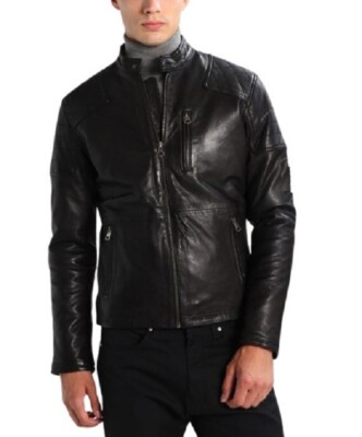 Leather Jacket Men's Biker Motorcycle Style Men Sheep Skin Racer Soft Black 87