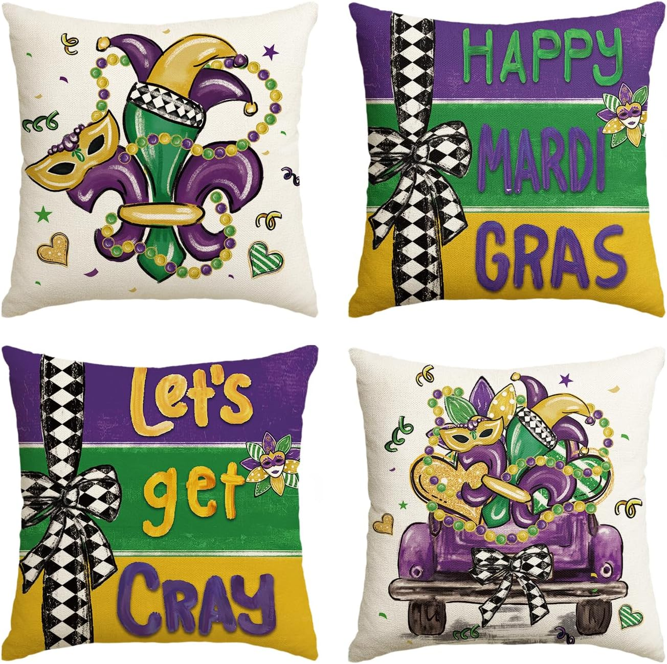 Happy Mardi Gras Beads Fleur De Lis Lets Get Cray Throw Pillow Covers, 18 X 18 I