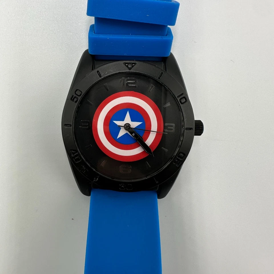 Marvel Captain America Watch Men Black Case Blue Silicone Band New Battery 9.5" - Image 3 of 4