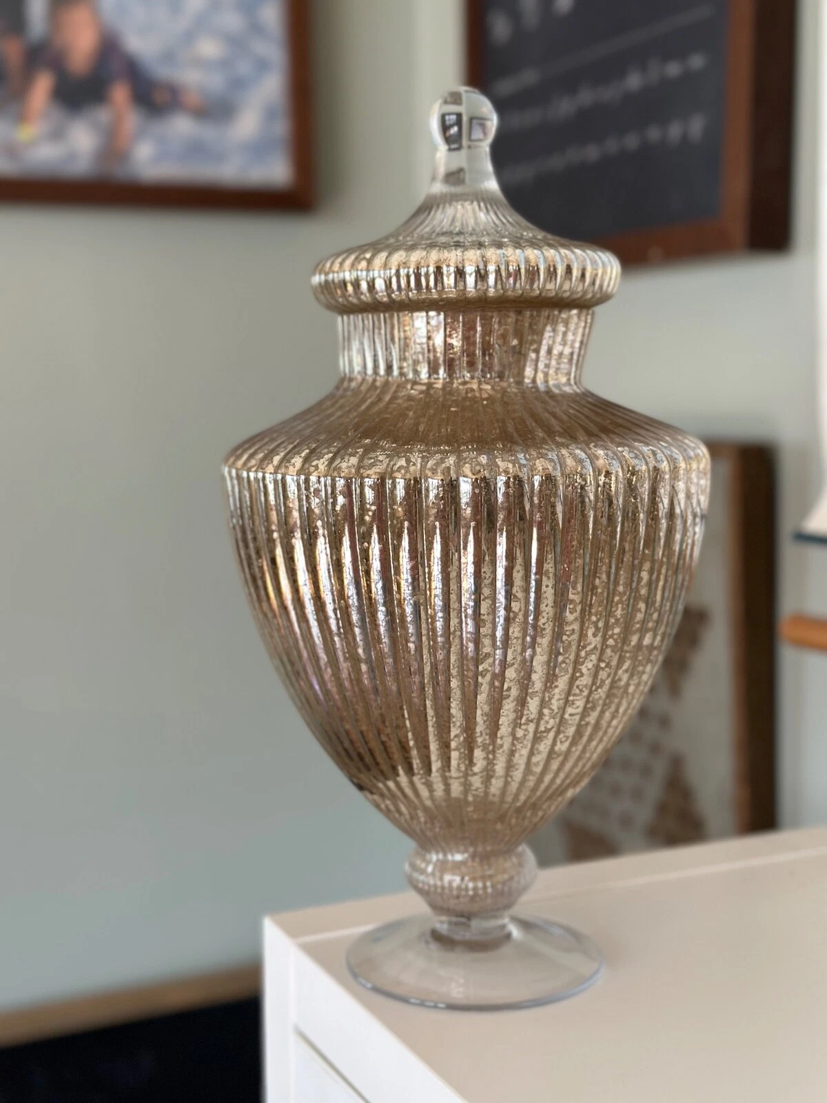 Glass Apothecary Jar with Lid silver inside mercury glass look
