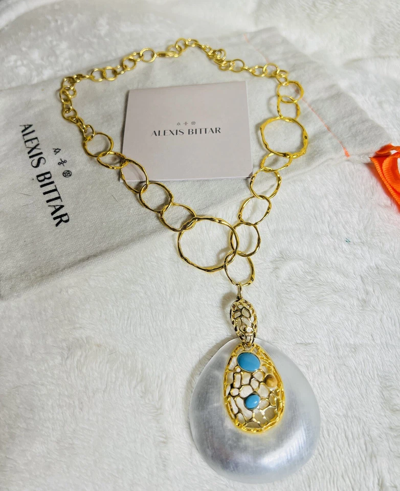 Alexis Bittar 大号白色银色 Lucite 吊坠项链 - 绿松石,金色 — 第 3/4 张图片