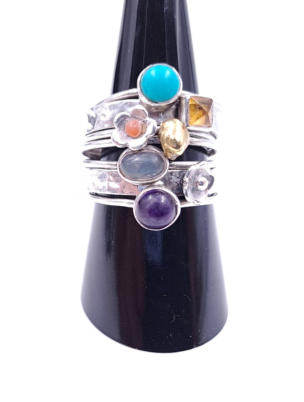 Sterling Silver 7 Ring Stack Various Gems Amethys… - image 1