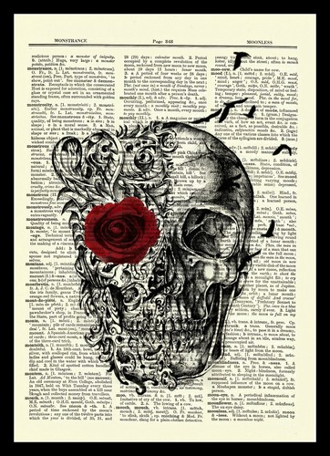 Gothic Skull Dictionary Art Print Picture Poster Red Rose Raven Poe Skeleton - Picture 3 of 3