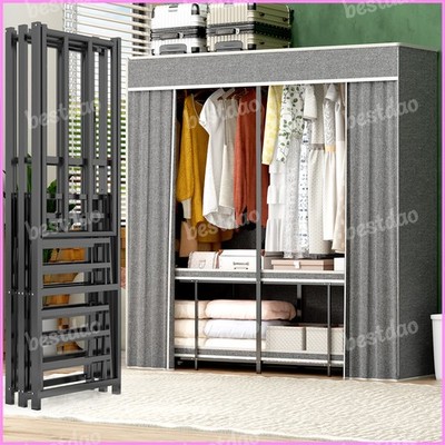 Heavy Duty Portable Metal Closet with Cover Foldable Covered Clothes Rack