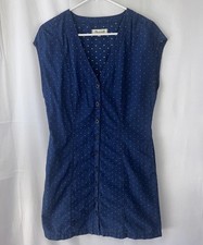 Madewell Dress Women’s Sz 10 Blue Chambray Button Front V Neck Heart Embroidery