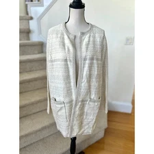 Talbots Cream White Silver Metallic Boucle Tweed Open Long Line Blazer