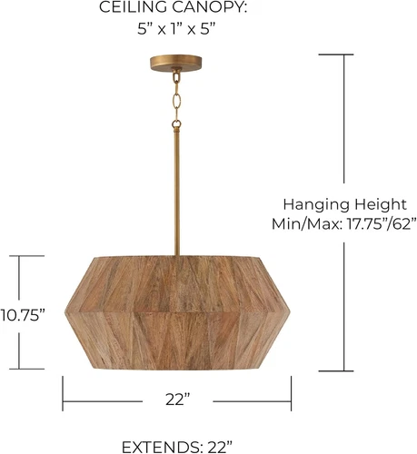 Handcrafted Mango Wood Pendant Light with Patinaed Brass, 4-Light, Modern Design - Picture 2 of 7