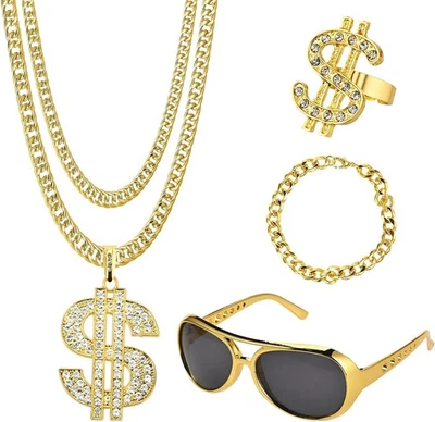 TIGVIO 4 Stück Zuhälter Kostüm Goldkette Fasching Kit, Hip Hop Kostüm Gangster Rapper K