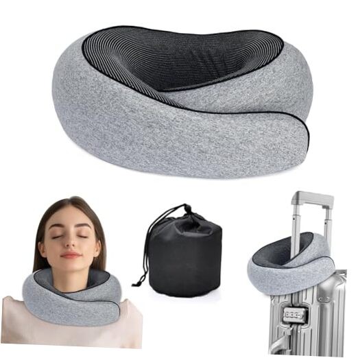 Memory Foam Travel Neck Pillow for Airplanes 360 Support 12.6 Inch Gray  -image
