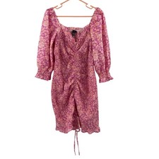 ASOS x NEW LOOK Dress Size 6 Smocked Floral Ruched Pink Orange Mini Sweetheart