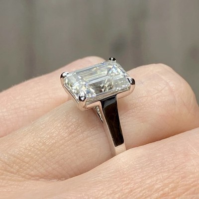 4CTW Emerald Cut VVS1 Moissanite Solitaire Engagement Ring 14k White Gold Plated