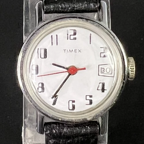 1976 Timex Petite RUNNING Mechanical Watch White Dial & Date Orig Black Strap