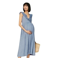 Hatch Maternity Sarah Blue Smocked Ruffle Midi Cotton Dress Size 0 (XS)