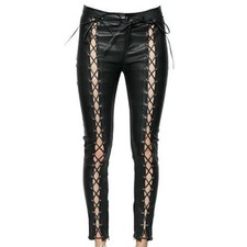 Women's Lace-Up Real Black Leather Pants High Waist Skinny-Fit Gothic